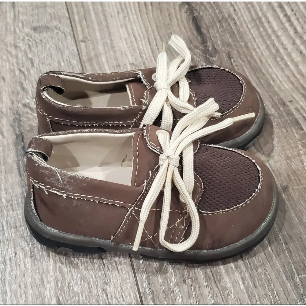 Baby Leather Shoes Size 4 Classic Brown Baby Shoes with Cream Laces